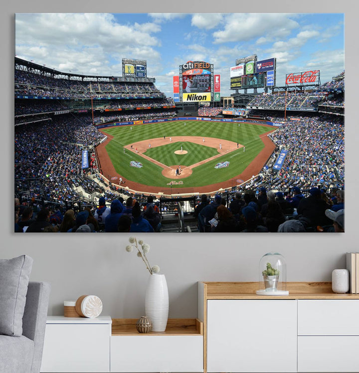 A wall art piece featuring a New York Mets Baseball Team print of Citi Field during a thrilling game under a blue sky.