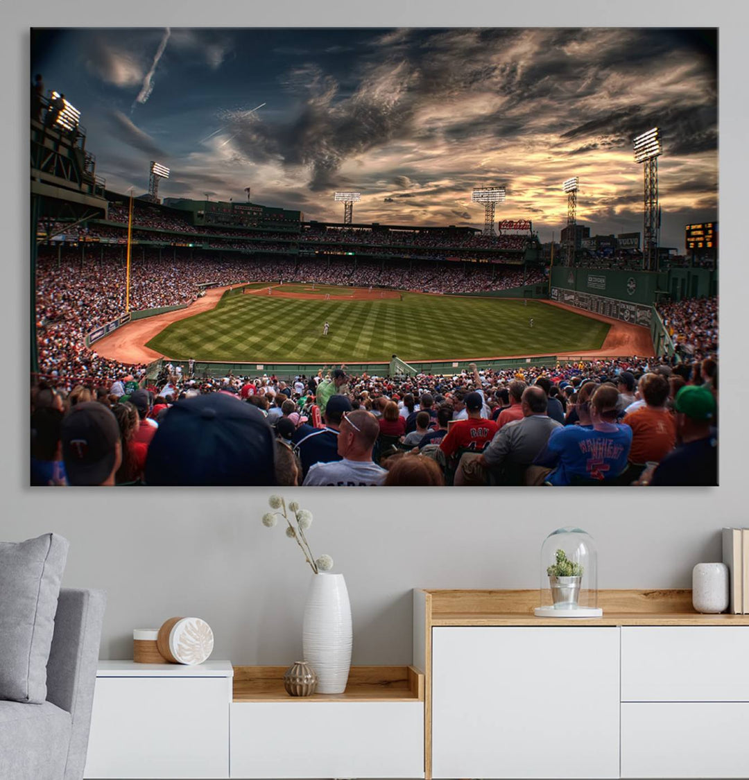 Boston Red Sox canvas print of Fenway Park at sunset, ideal for sports fans.