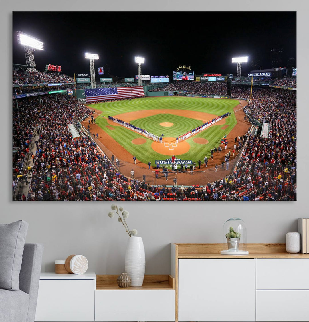 The Fenway Park Wall Art Canvas Print showcases a stunning aerial view of Bostons iconic ballpark at night, making it an ideal piece for any Red Sox enthusiast.