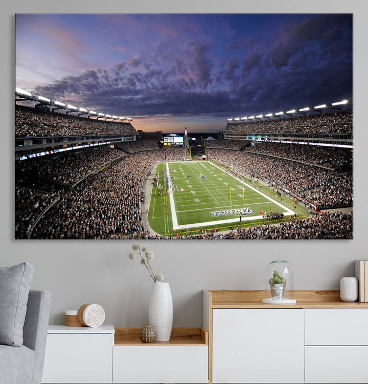 A large New England Patriots Foxborough Gillette Stadium wall art canvas print at sunset.