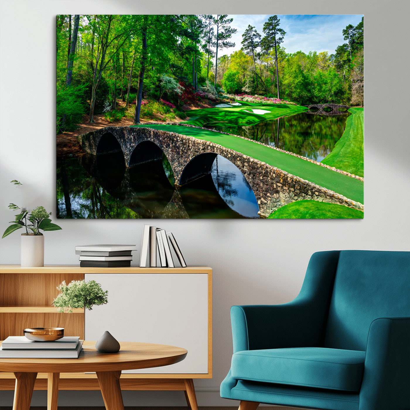 MGV-CV-36X24 - Augusta National Golf Club Wall Art - Panoramic Bridge & Lush Greenery – Premium Framed, Ready-to-Hang Triptych Canvas