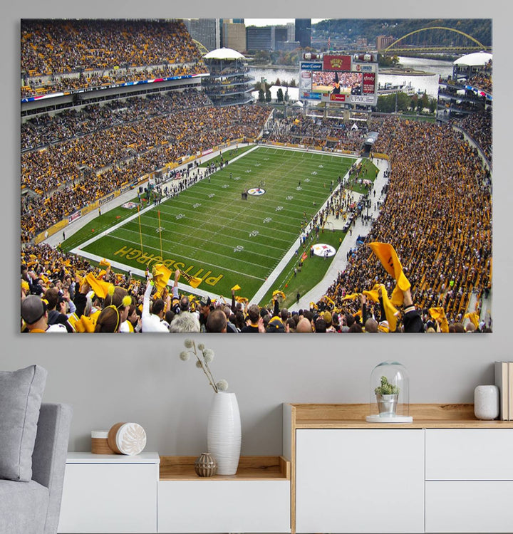 Heinz Field wall art and a cityscape serve as the backdrop.