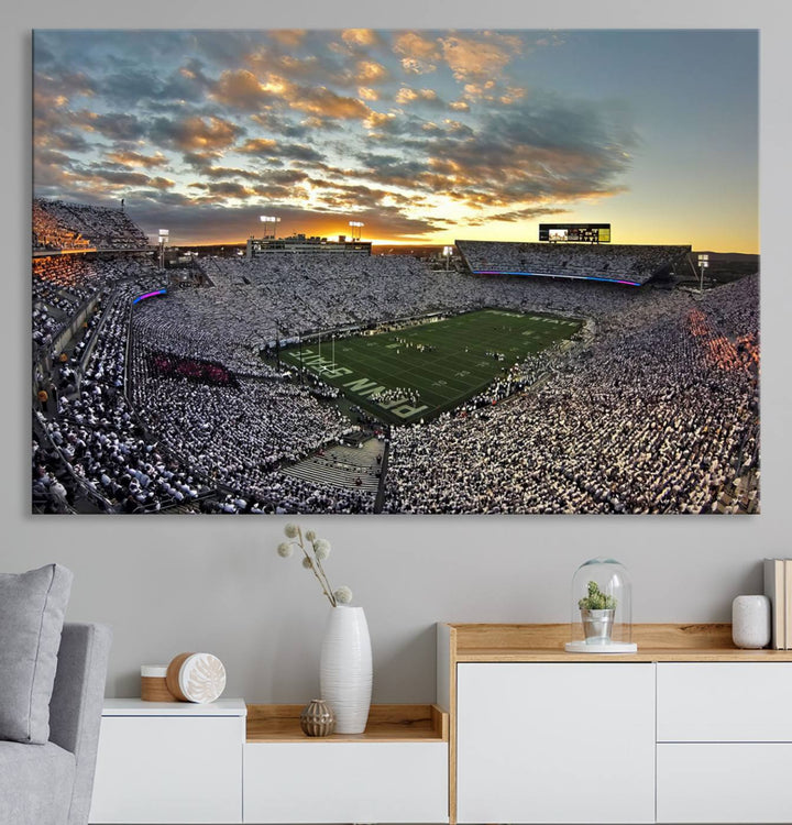 Enhance your dining area with team spirit by mounting the Beaver Stadium Wall Art, capturing sunsets in elegant style.