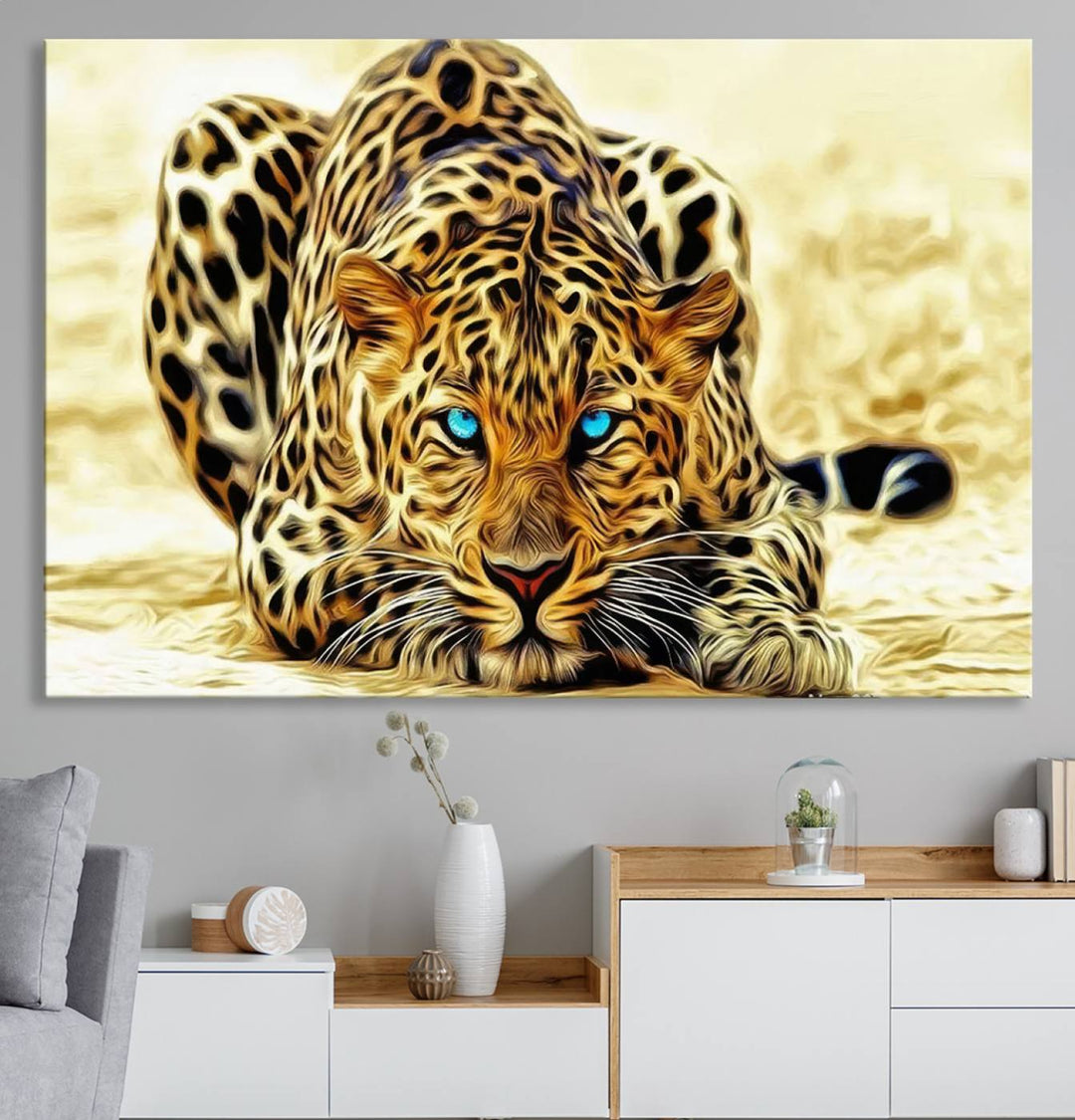 The Blue-Eyed Leopard Canvas Wall Art features a fierce and captivating design, perfect for wildlife enthusiasts. Its bold imagery makes it a striking decor piece, ready to hang.