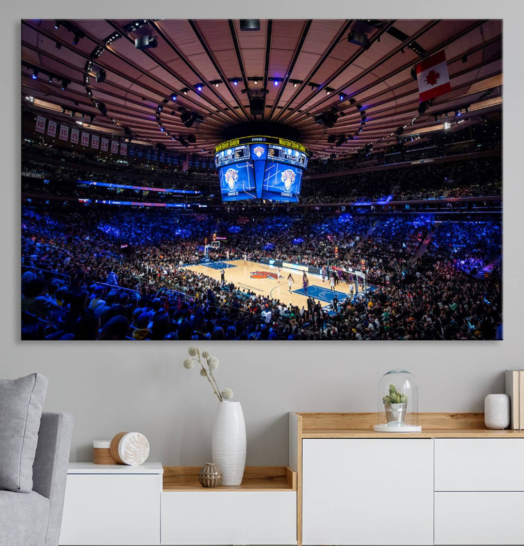 A print depicting an NBA game at Madison Square Garden, highlighting the scoreboard.