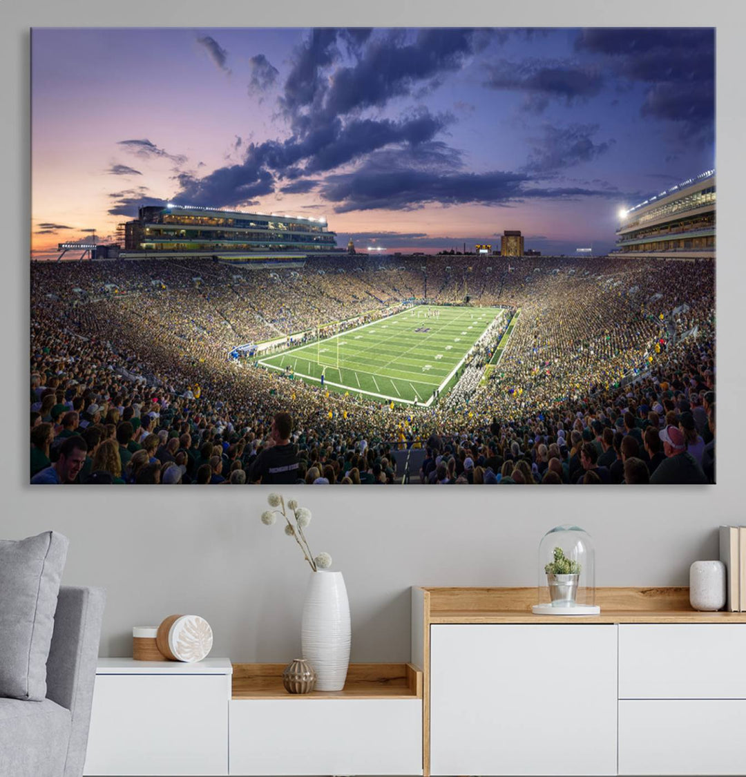 As the sun sets, a stunning backdrop highlights the Notre Dame Fighting Irish Football Team Print.