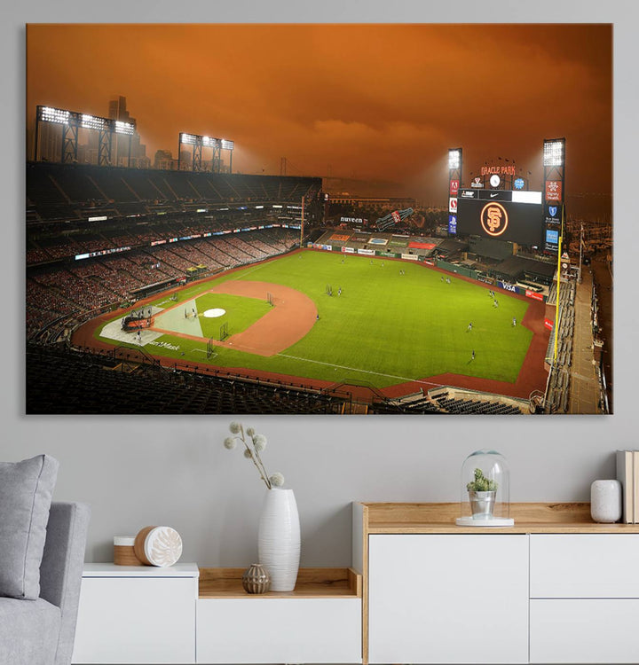 A canvas depicting an Oracle Park game with an orange sky, from SF Giants Stadium Wall Art.