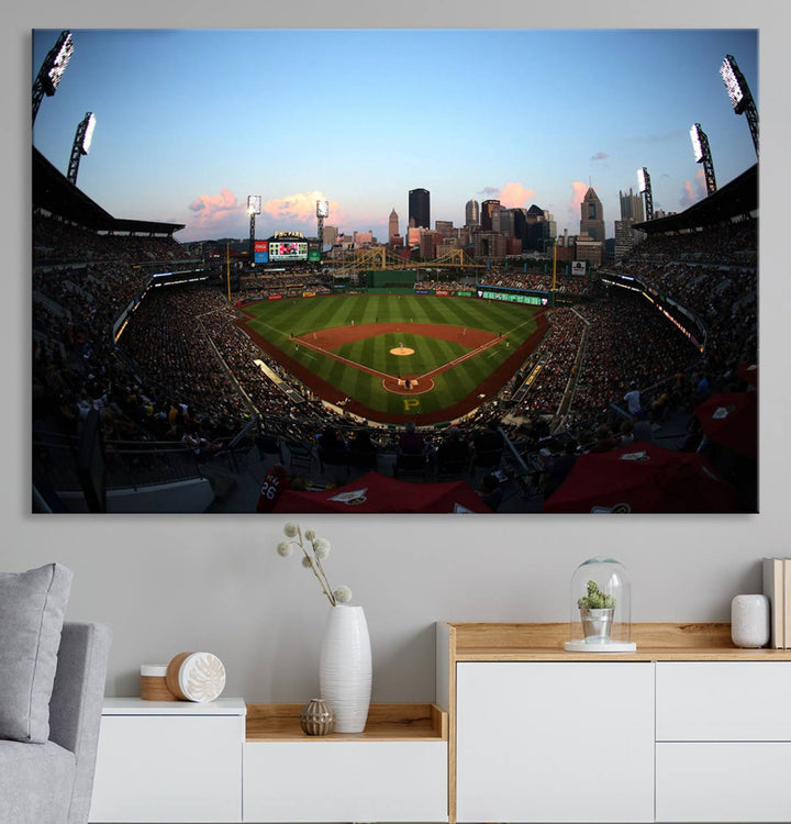 The PNC Park Evening Game Canvas, featuring a skyline backdrop, is displayed on the wall.