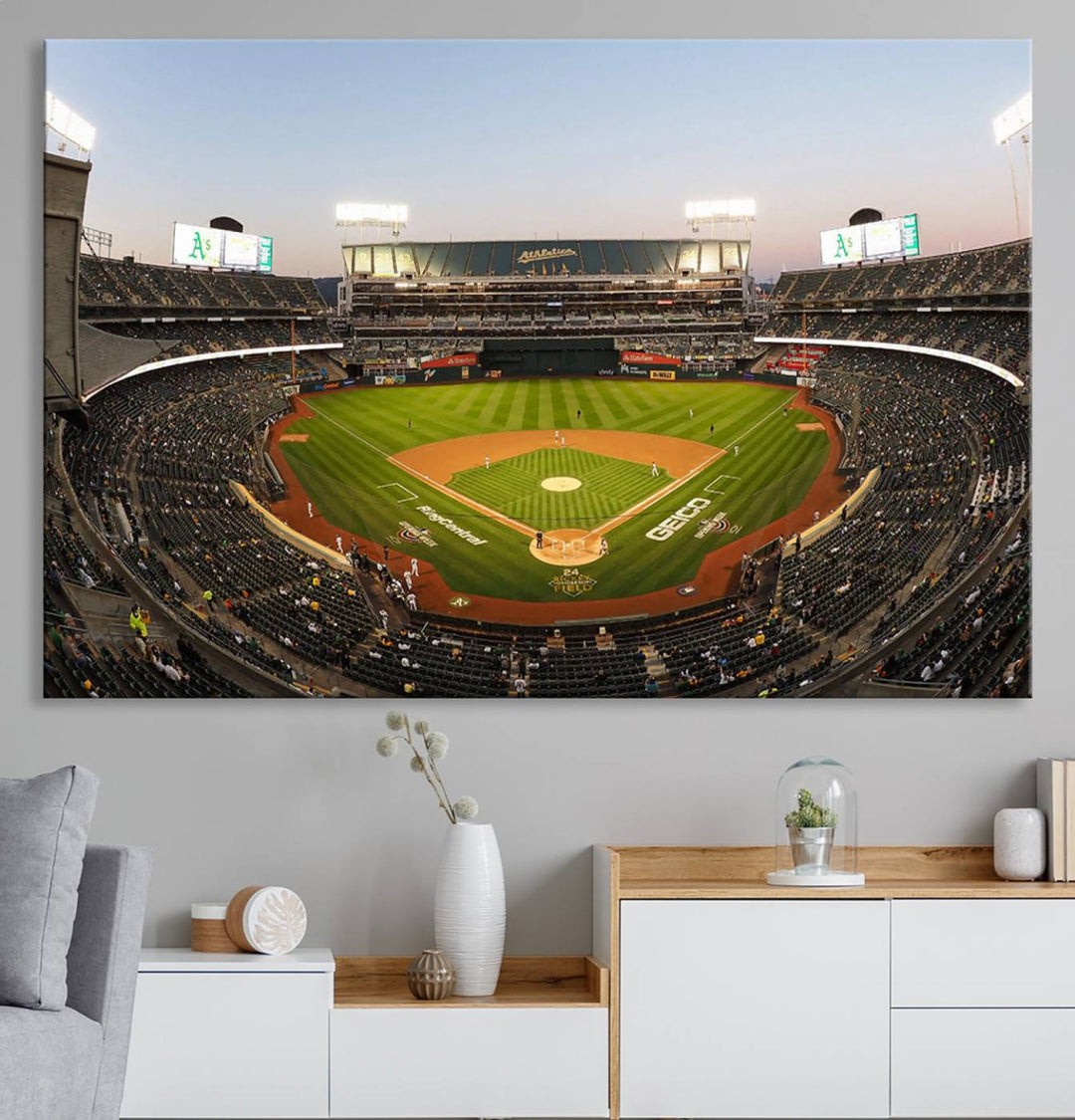 Oakland Athletics wall art canvas featuring the interior of RingCentral Coliseum Stadium.