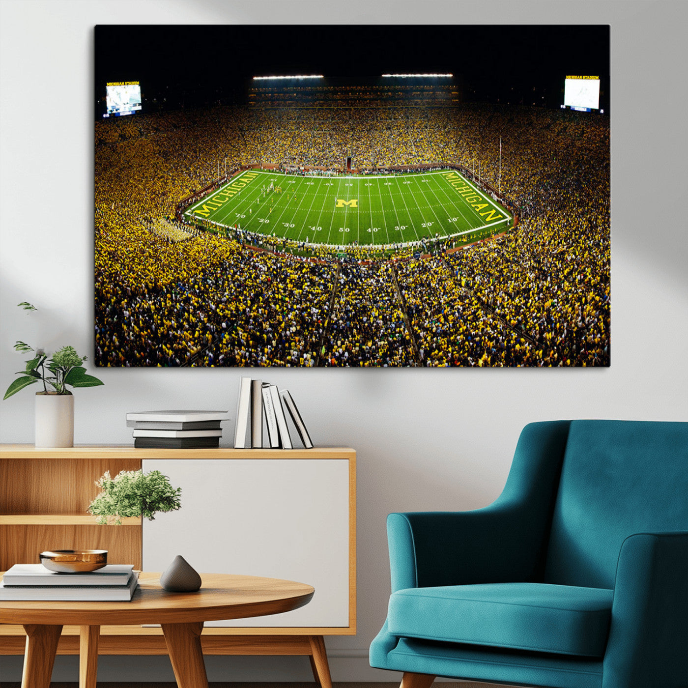 26166-MGV-CV-36X24-Stadium in Michigan Wall Art Canvas Print, Framed American Football Stadium Art Picture Print, Football Stadium Field Perfect Sports Room Decor Artwork