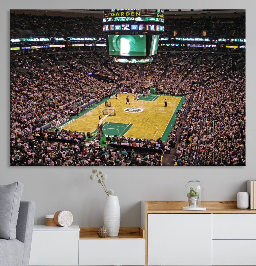 A vibrant depiction of a TD Garden basketball game is beautifully captured in the Boston Celtics Triple Canvas Wall Art, which comes framed and ready to hang.