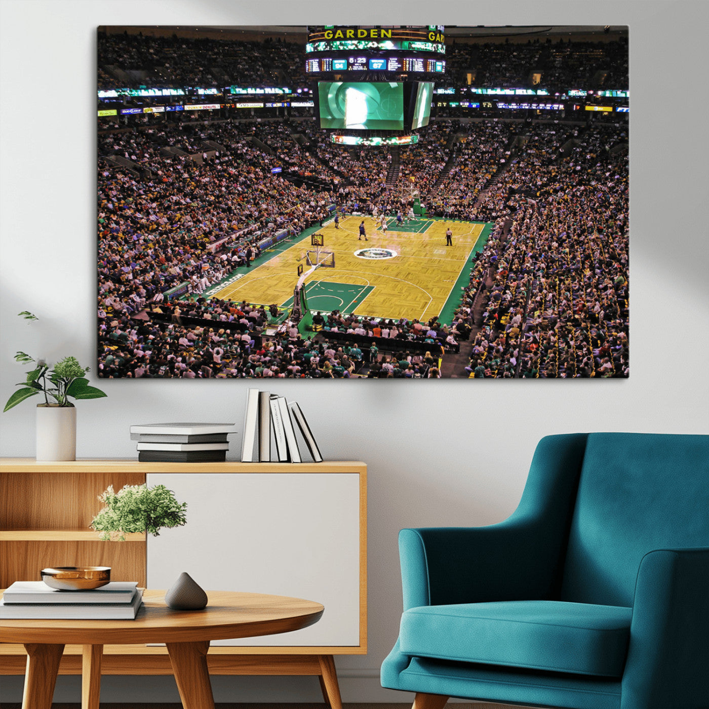 MGV-CV-36X24 - TD Garden Basketball Game Triple Canvas Wall Art - Boston Celtics Live Action - Framed - Ready to Hang