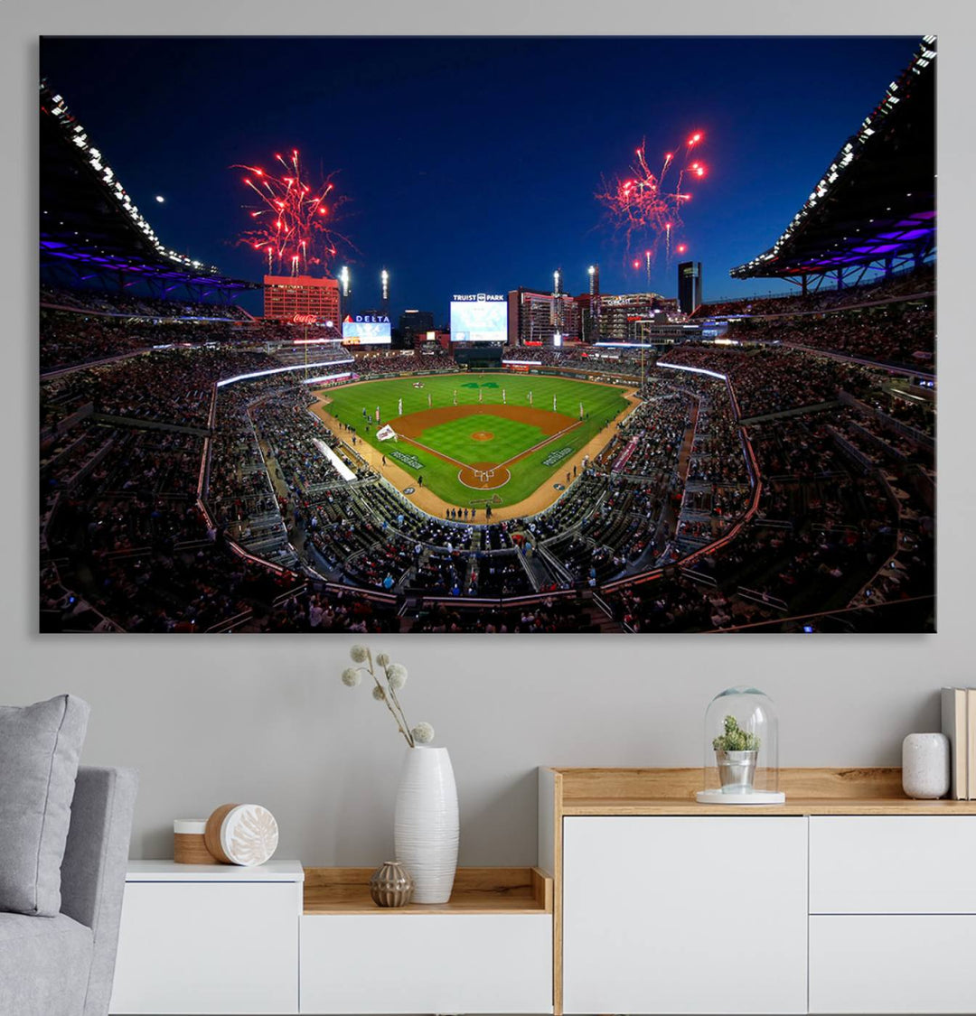 Truist Park wall art: fireworks over a Braves crowd, a large 3-panel canvas, framed and ready-to-hang.