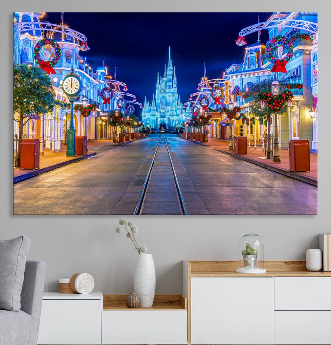 Disney wall art featuring a fantasy castle street at night.