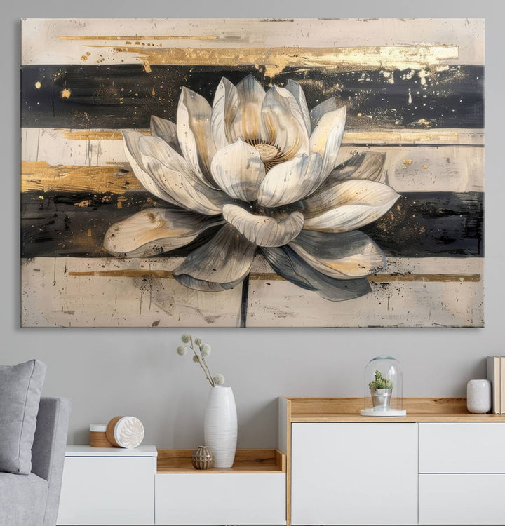 The wall is adorned with an Abstract Lotus Flower Wall Art Canvas Print.