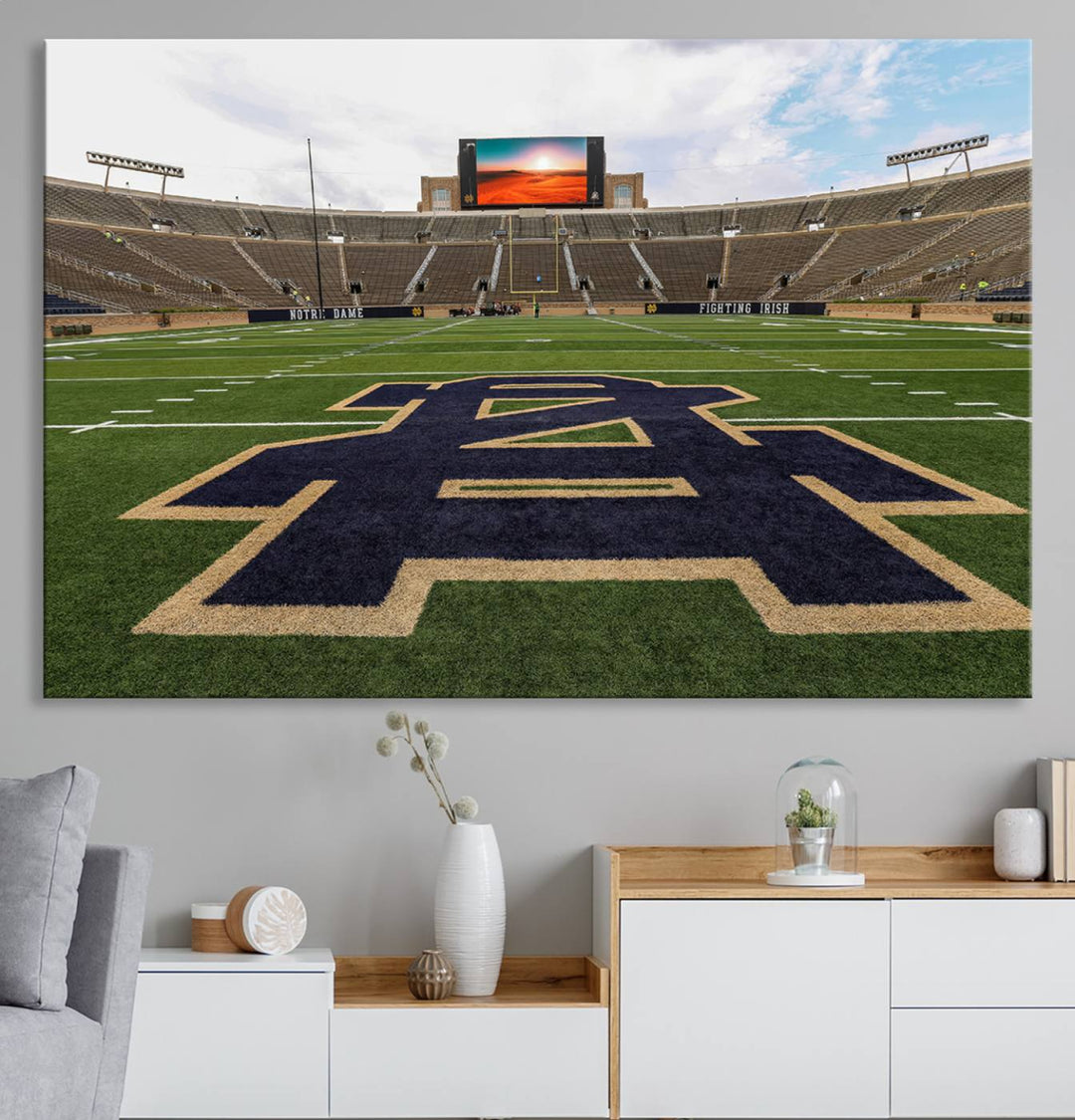 Notre Dame Stadium Triptych: This ready-to-hang giclee canvas print features a vibrant depiction of the football field adorned with an A logo and a stunning sunset.