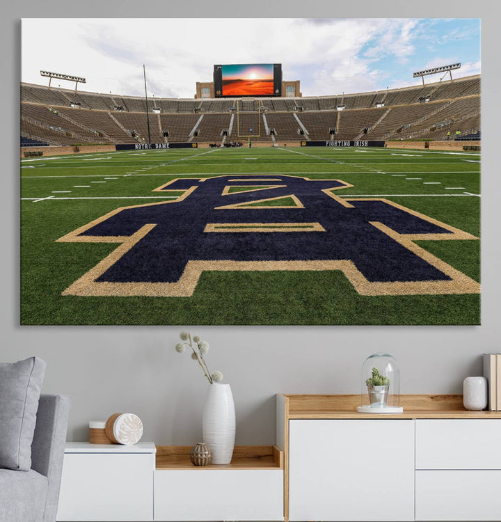 Notre Dame Stadium Triptych: This ready-to-hang giclee canvas print features a vibrant depiction of the football field adorned with an A logo and a stunning sunset.