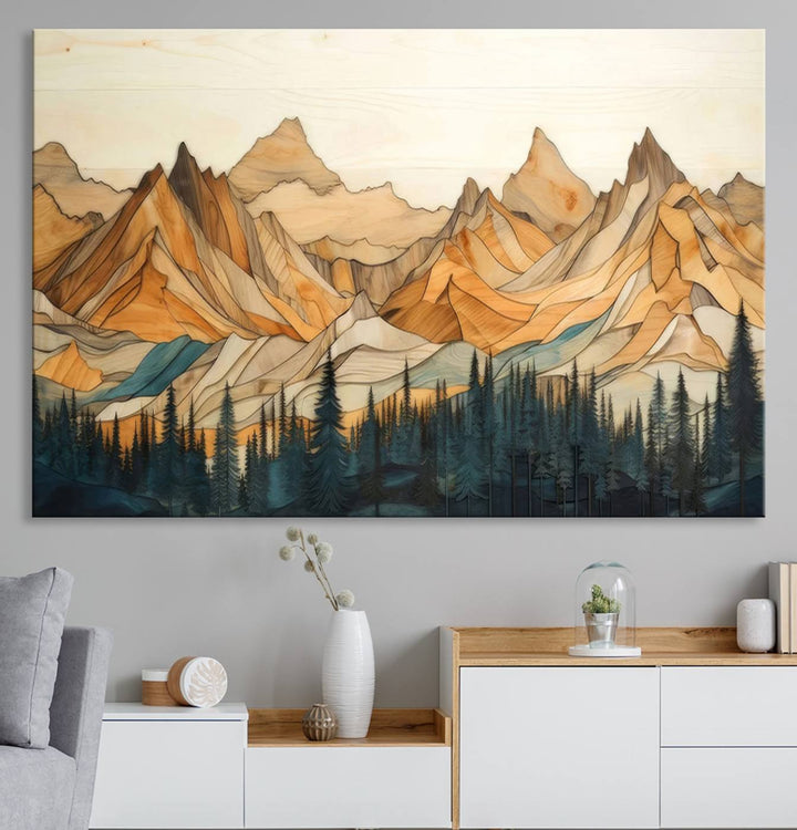 A triptych giclee print of mountains decorates the wall above the counter.