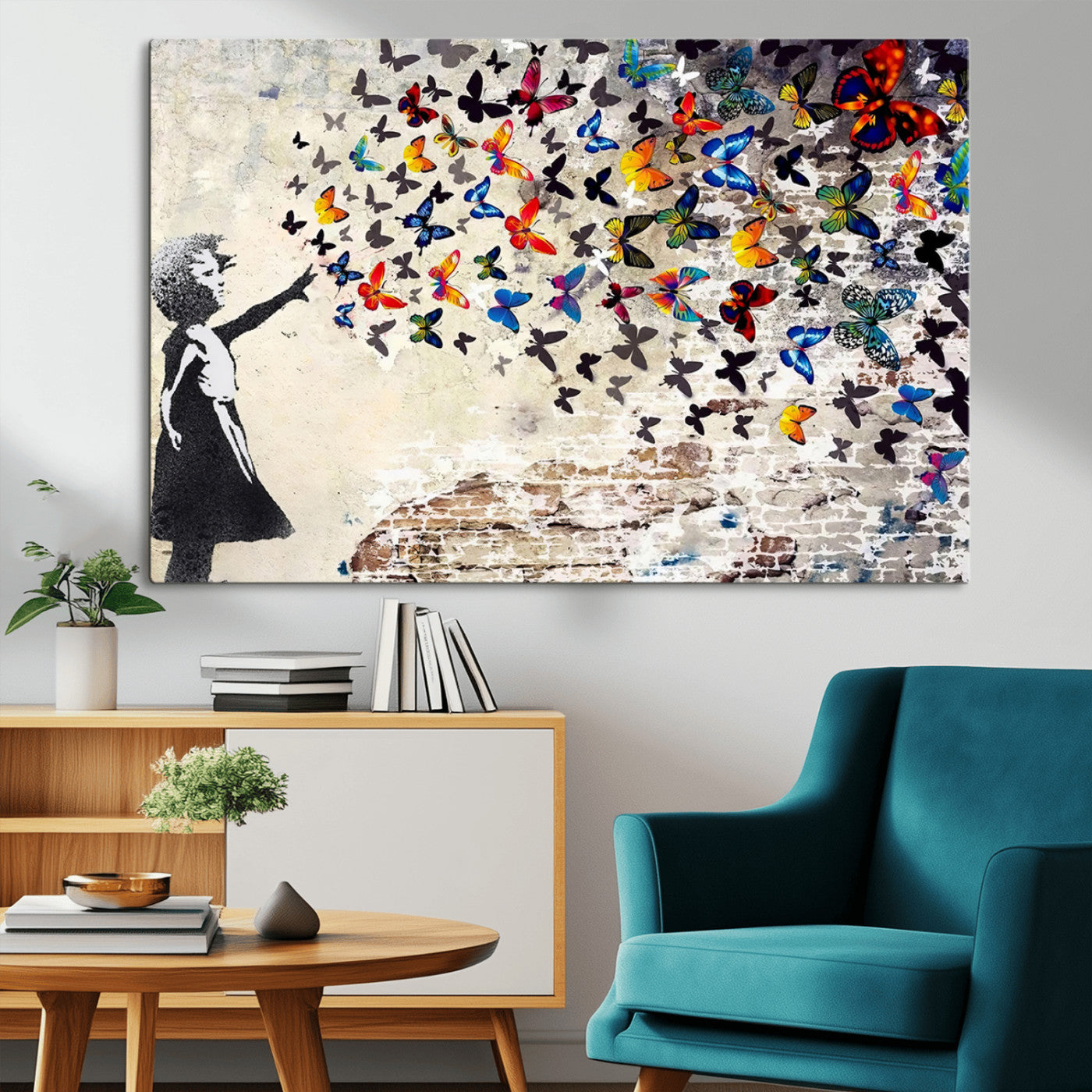 MGV-CV-36X24 - Banksy Graffiti Wall Art Canvas Print: Girl Releasing Vibrant Butterflies – Ready to Hang