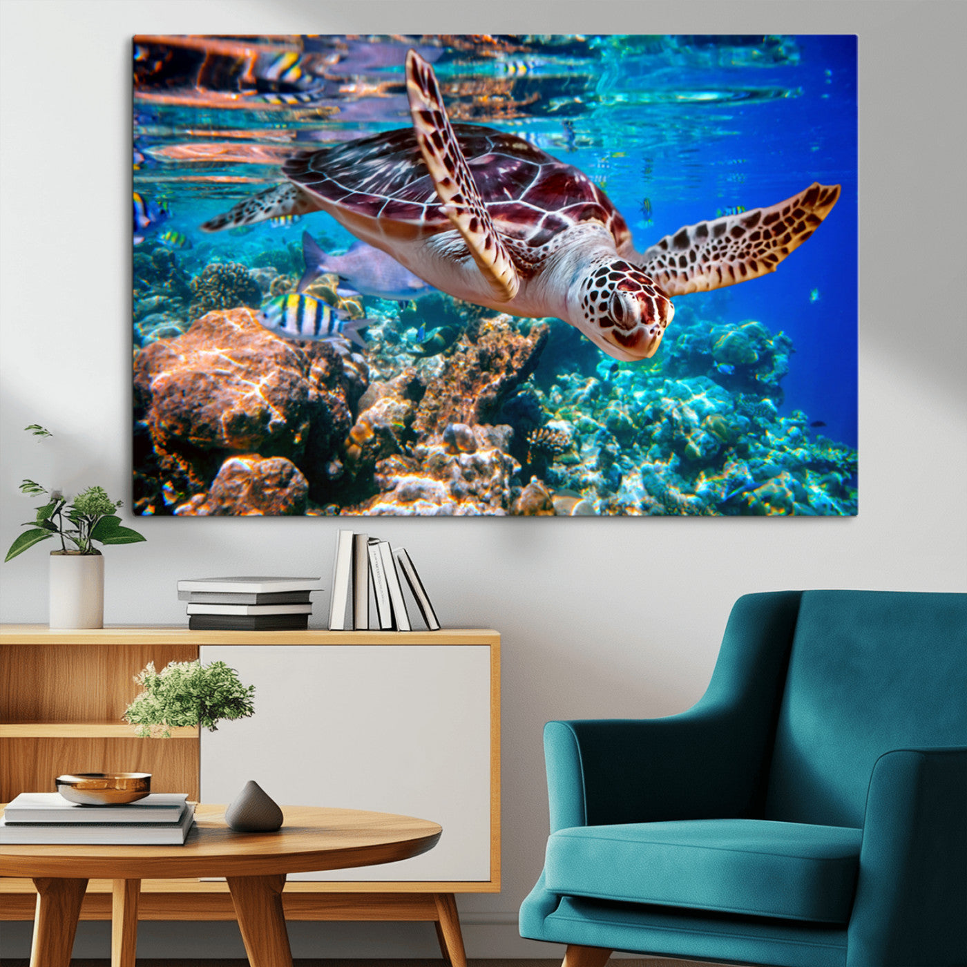 MGV-CV-36X24 - Underwater Coral Reef Sea Turtle Wall Art Canvas Print, Vibrant Marine Life | Colorful Ocean Scene