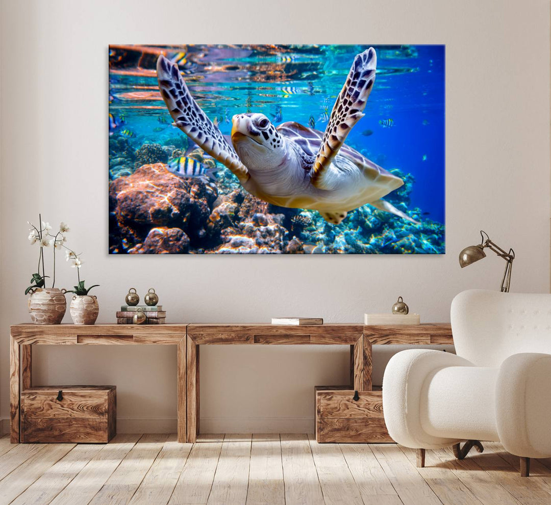 The Underwater Sea Turtle Wall Art Canvas Print serves as vibrant ocean décor, enhancing the kitchen with its stunning depiction.