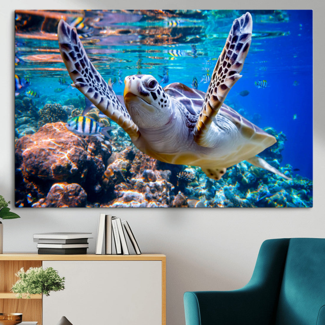 Underwater Sea Turtle Wall Art Canvas Print, Vibrant Ocean Coral Reef Decor