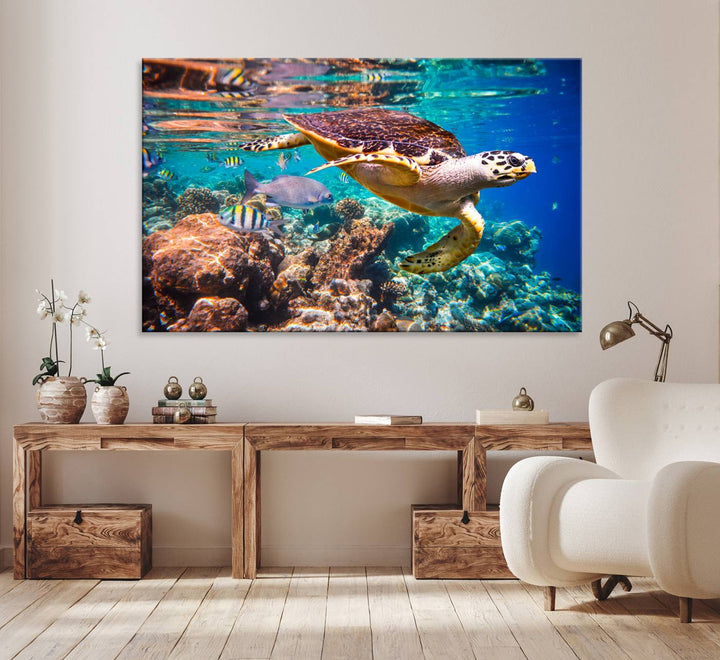 A Sea Turtle Wall Art Canvas Print features a colorful turtle swimming among coral. This artwork is ready to hang.