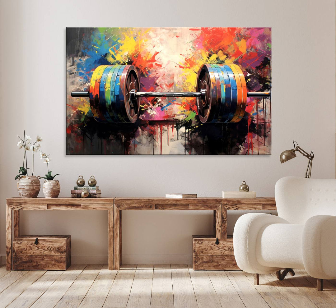 The Weightlifting Barbell Art Triptych hangs prominently on the wall.