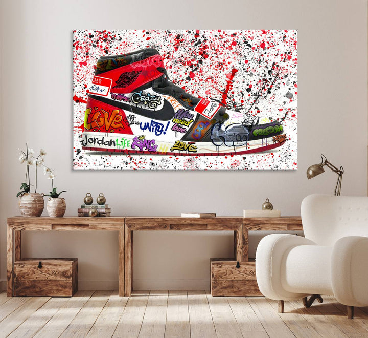 A Jordan Shoes Graffiti Canvas Print hangs prominently, perfect for sneakerheads and urban art lovers.