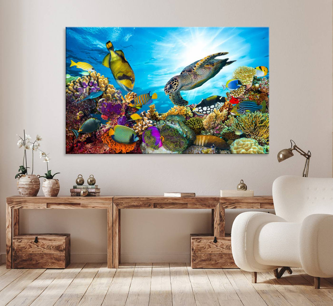 The Colorful Coral Reef and Sea Life Turtle Canvas Print brings vibrant ocean decor to your wall.