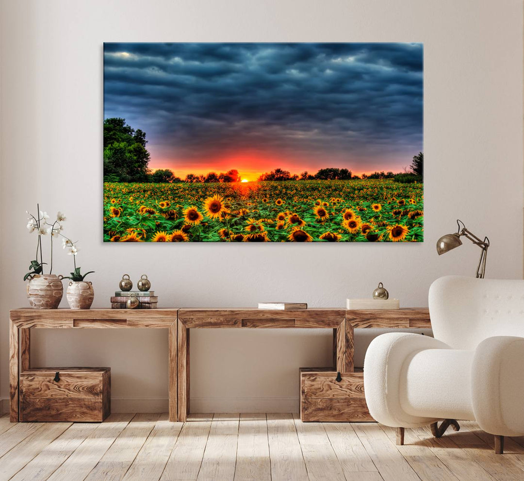 A Golden Sunflower Field at Sunset ready-to-hang wall art canvas print.