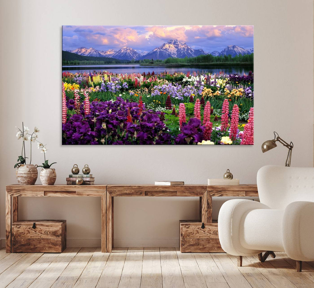 A Vibrant Wildflower Garden and Mountain View Giclee Print is displayed prominently on the wall.