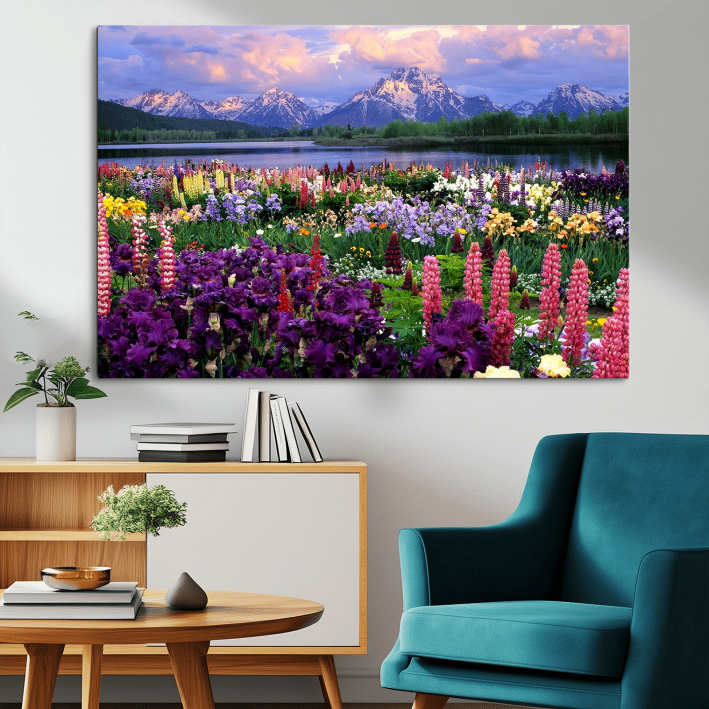 MGV-CV-36X24 - Vibrant Wildflower Garden and Mountain View Giclee Canvas Print | Floral Wall Art for Living Room