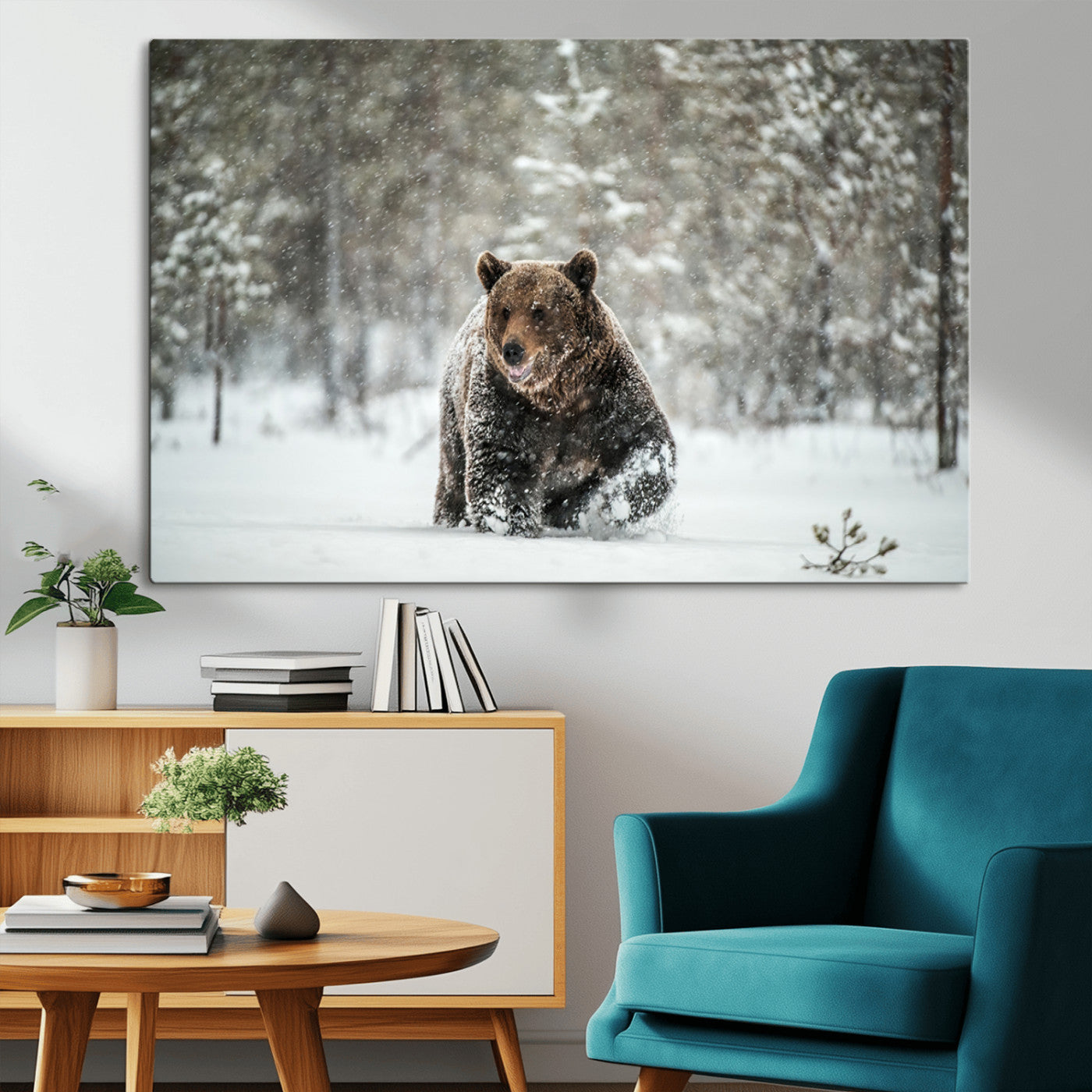 MGV-CV-36X24 - Wall Art Canvas Print – Grizzly Bear in Snowy Forest Powerful Presence Snowy Wilderness Wild Beauty