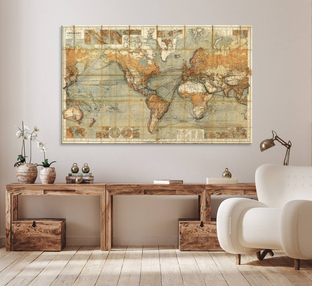 Chart of the World on Mercator: a vintage wall art canvas featuring a detailed antique world map print.