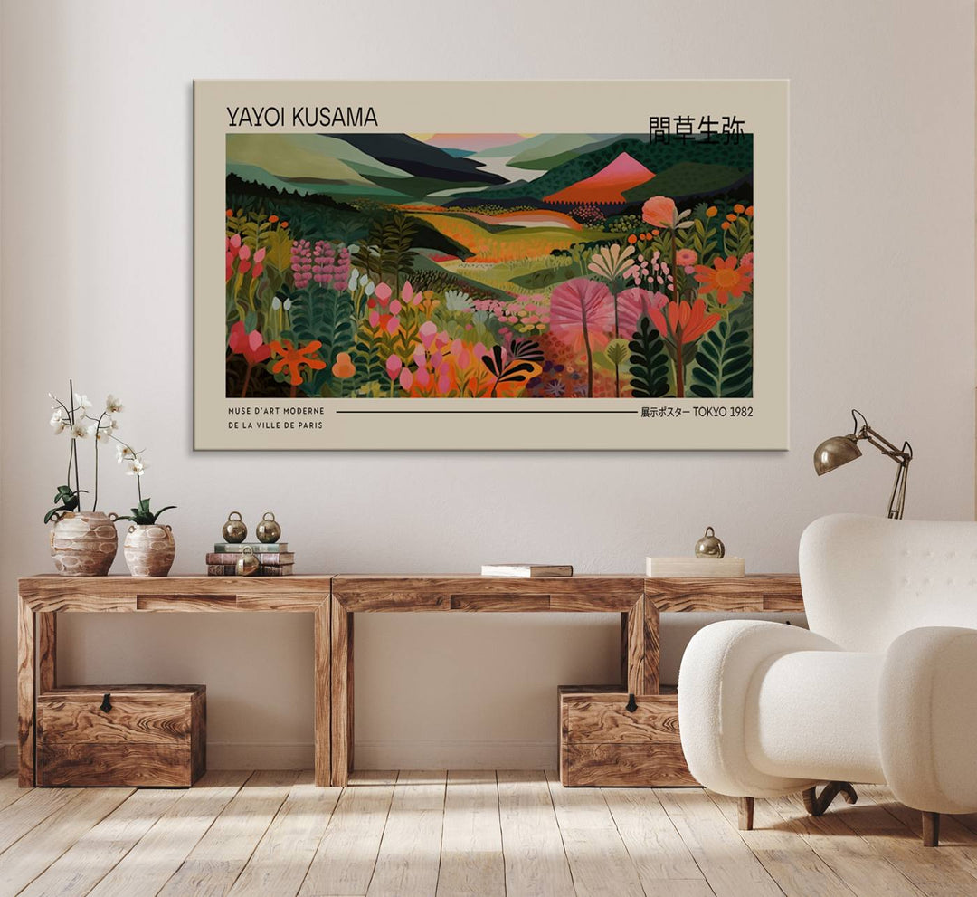 A Yayoi Kusama Landscape Canvas Print brightens the wall with vibrant floral and mountain art.