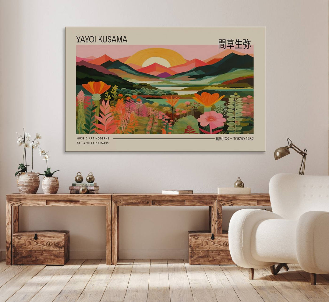 A Yayoi Kusama landscape print and an antique world map enhance the dining area.