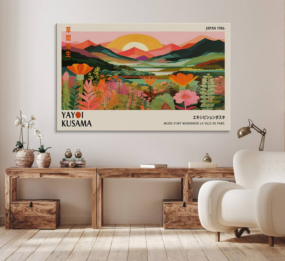 The Yayoi Kusama Landscape Canvas Print, featuring vibrant floral mountains and sunset scenery, enhances the room.