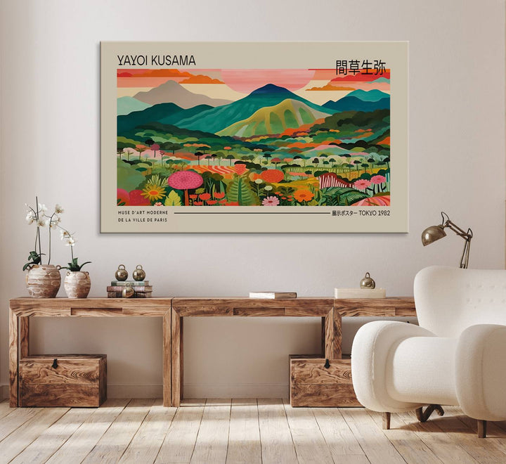 A vibrant floral mountain canvas print by Yayoi Kusama adorns the wall.