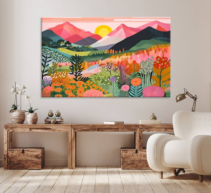 Vibrant abstract landscape canvas: Yayoi Kusama 1986 wall art print featuring mountains, sun, and flowers. Ready-to-hang.