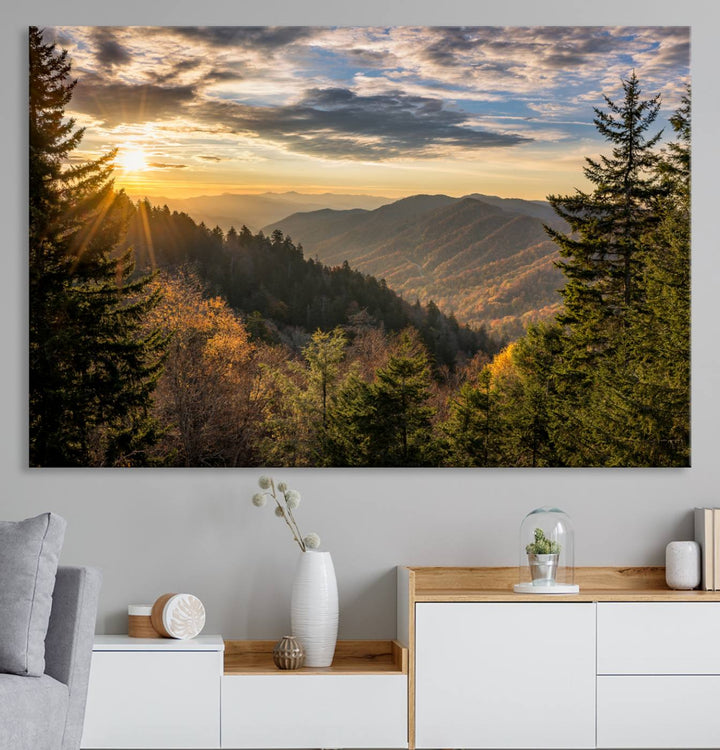 The dining area is beautifully decorated with the Sunrise Over the Smoky Mountains Canvas Wall Art – a breathtaking scenic landscape photography in a stunning triptych that's ready to hang.