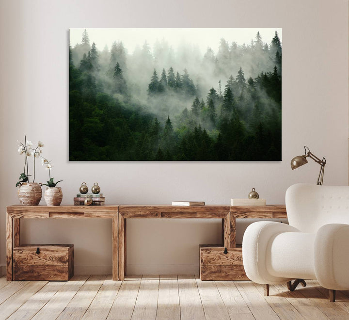 The Misty Forest Wall Art Canvas Print captures a serene, foggy evergreen landscape, evoking a mysterious woodland ambiance.