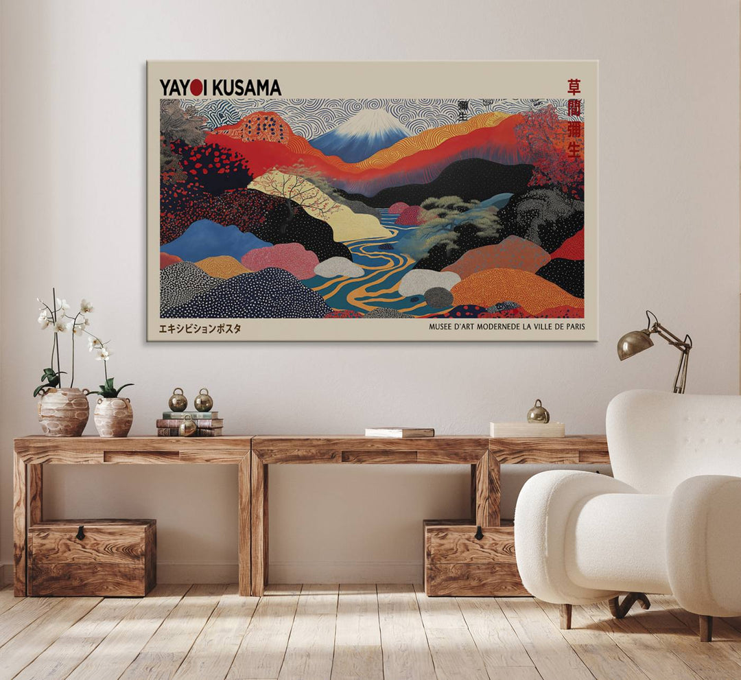 The room showcases Kusamas 1986 vibrant abstract landscape wall art print.