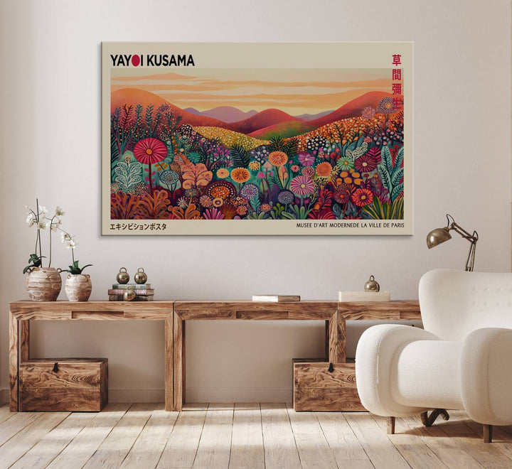 A framed Yayoi Kusama abstract landscape art print adorns the wall.