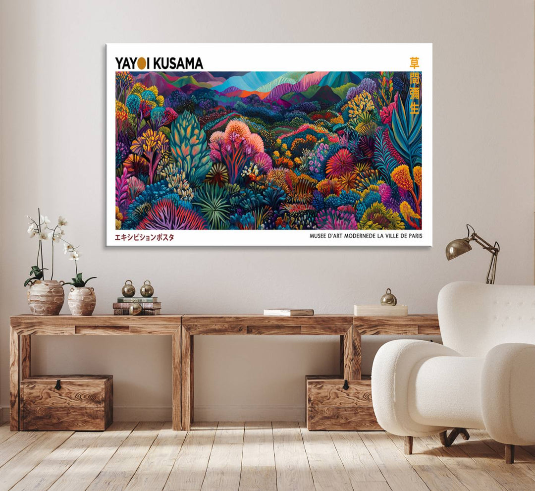 A framed Yayoi Kusama print hangs on the wall.