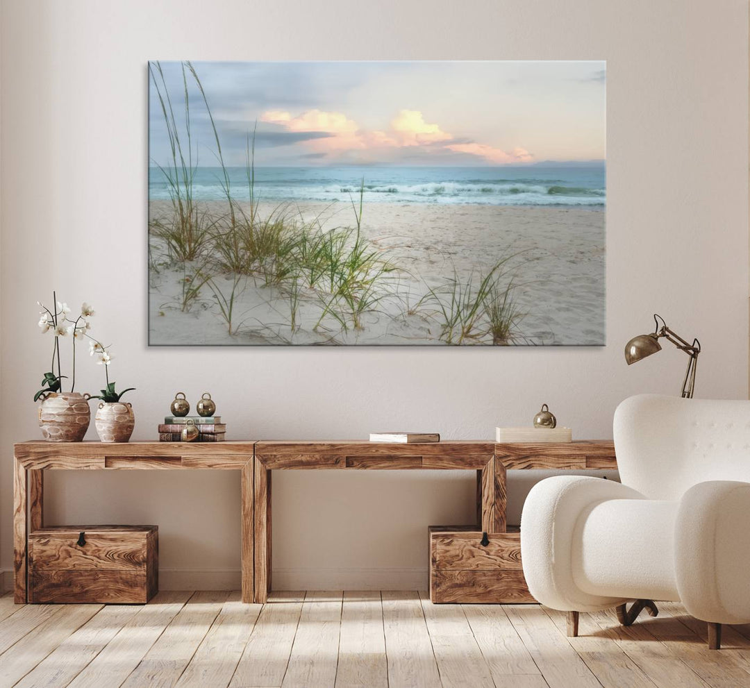 Flight Over Coastal Beach print on UV canvas displayed against white walls.