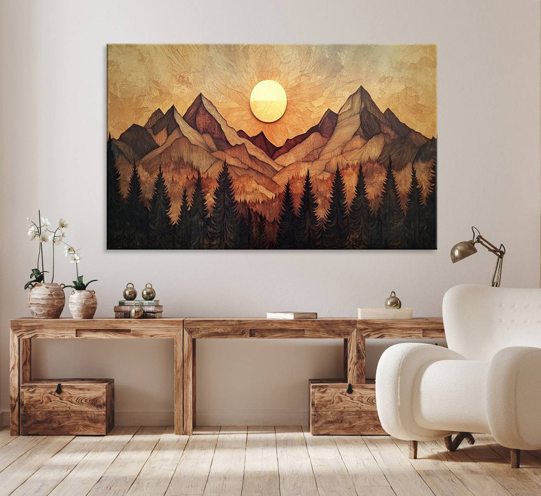 The dining area features a Wood Style Abstract Mountain Sunset canvas wall art print.