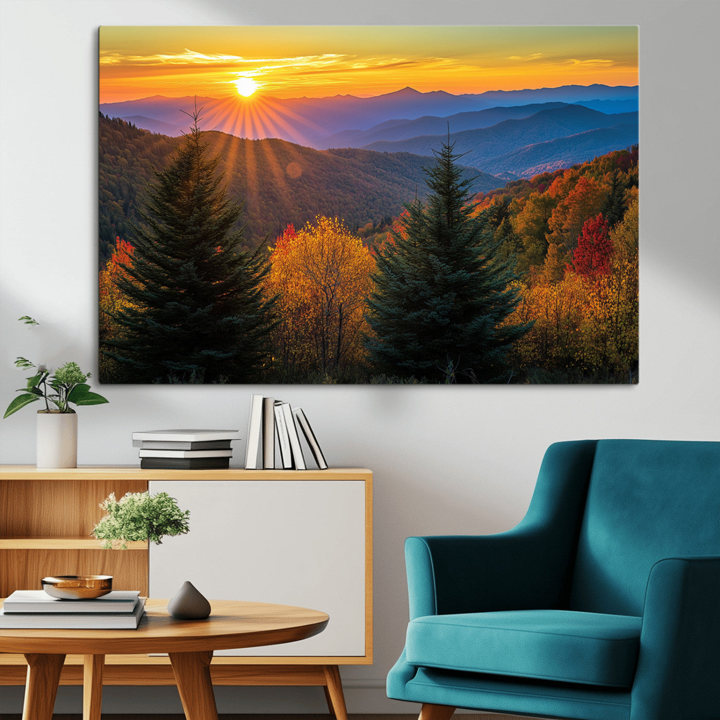 MGV-CV-36X24 - Golden Sunset Over Mountain Forest Canvas Wall Art Print - Warm Nature-Inspired Landscape for Living