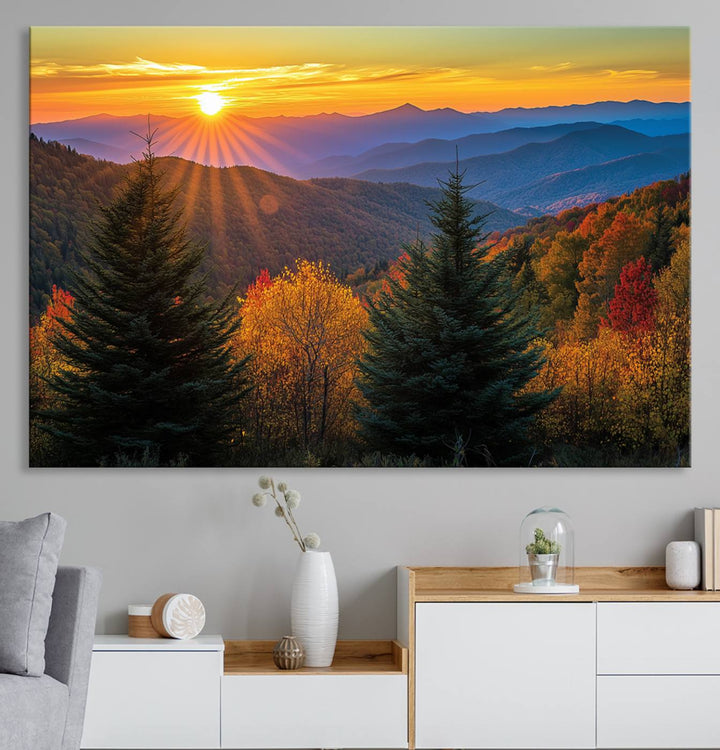 Golden Sunset Over Mountain Forest Canvas Wall Art Print - Warm Nature-Inspired Landscape for Living Room, Dining Room, or Office, Ready to Hang