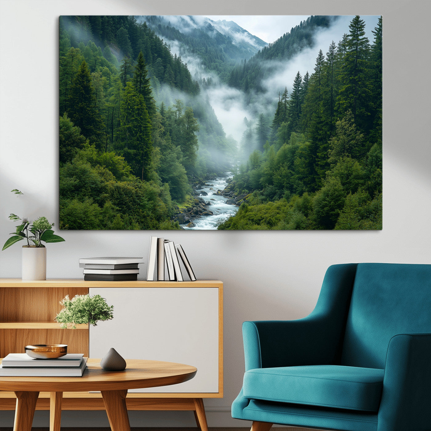 MGV-CV-36X24 - Mountain Forest River Canvas Wall Art Print - Serene Nature Landscape for Living Room, Office, or